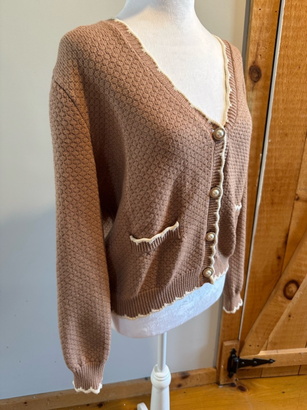 Women’s Tan V-Neck Button Cardigan Sweater with Cream Trim, M
